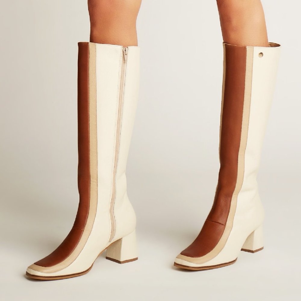 70s Revival Leather Colorblock Knee-High Heeled Boots - Picture 7 of 15